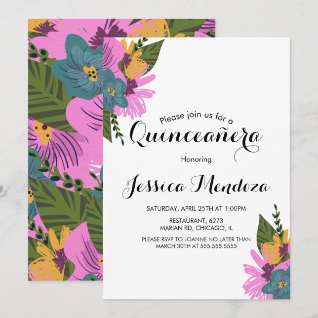 Invitation Main tropicale tirée Floral Quinceañera Sweet 16 (Devant / Derrière)