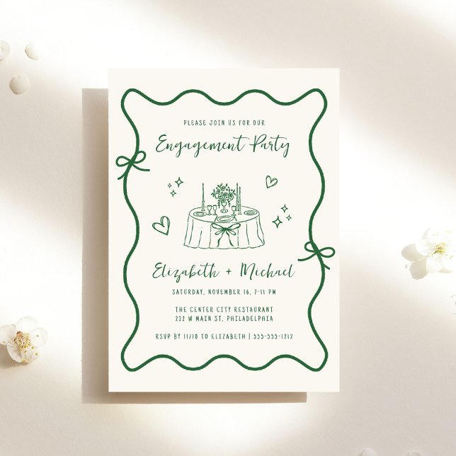 Invitation Main Whimsical tiré Green Cream Engagement Party (Créateur téléchargé)