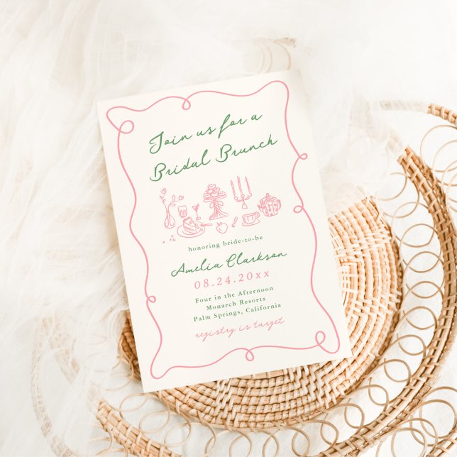 Invitation Main Whimsical tiré rose et vert Brunch nuptial (Créateur téléchargé)