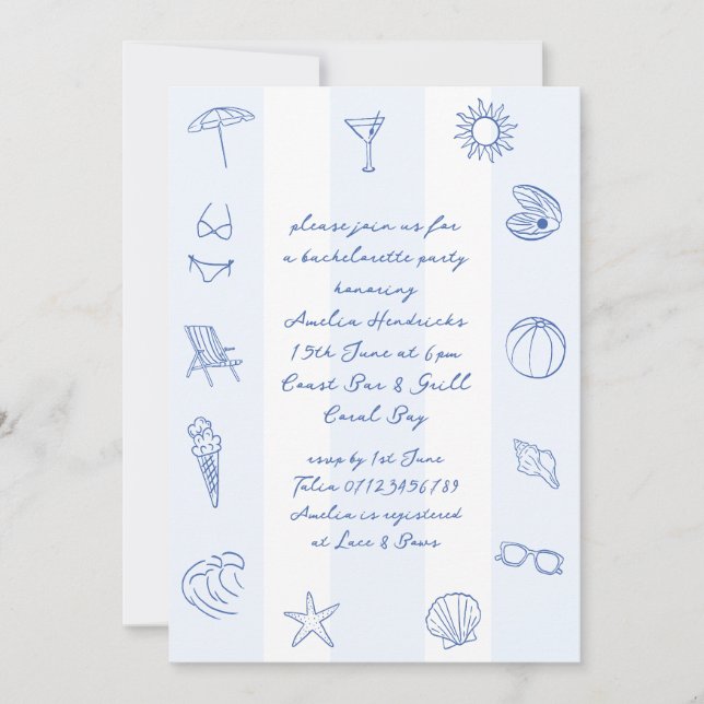 Invitation Main Whimsical Tirée Blue Beach Bachelorette (Devant)