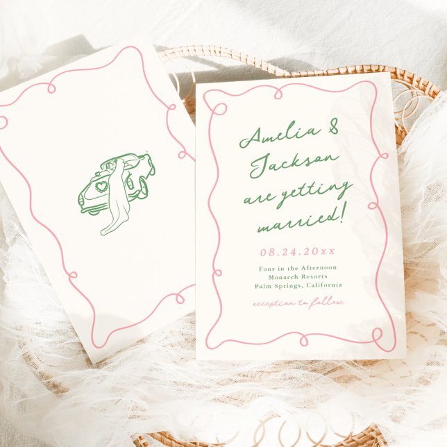Invitation Main Whimsical tirée rose et Mariage vert (Créateur téléchargé)