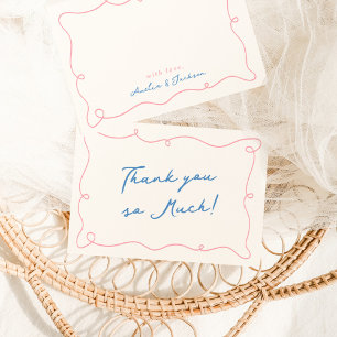 Invitation Main Whimsical tirée rose et Merci bleu