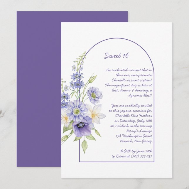Invitation Maisies pourpres, Anémones, Arc Floral Sweet 16 (Devant / Derrière)
