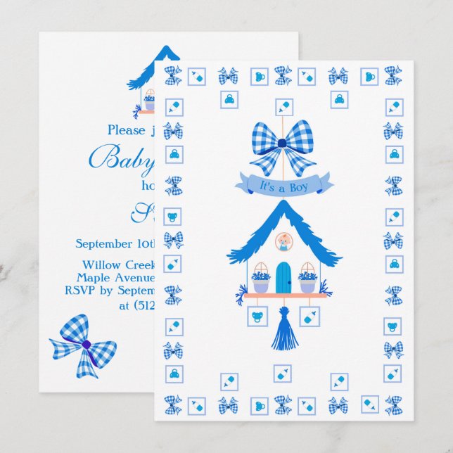 Invitation Maison bleue personnalisée C'est un Baby shower ga (Devant / Derrière)