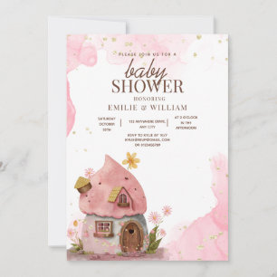 Invitation Maison Champignon Rose Baby Shower Bois 