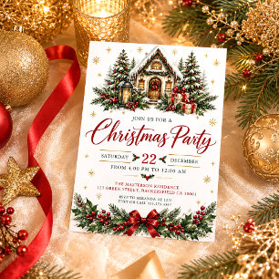 Invitation Maison Cosy Arbres Neige Baies de Houx Noël