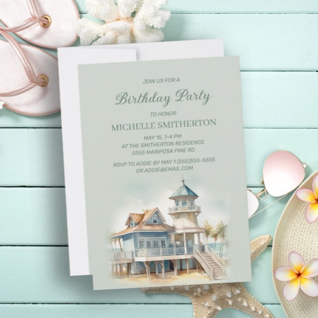 Invitation Maison de campagne de bord de mer Palmiers Anniver (Créateur téléchargé)