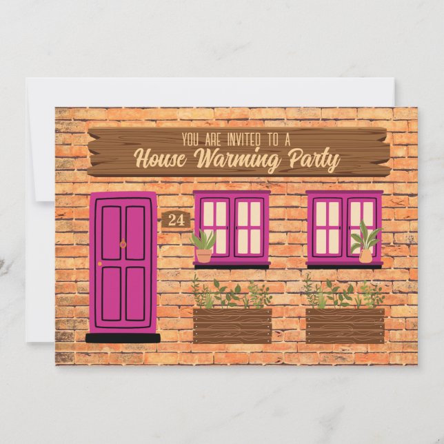 Invitation Maison en brique avec porte rose Maison de la fête (Devant)