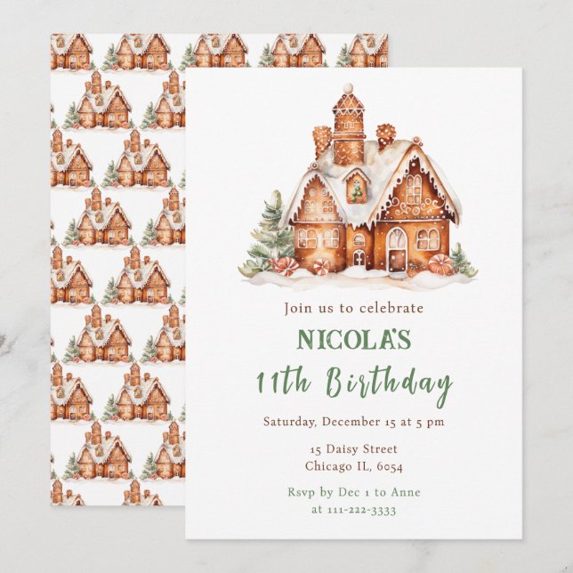 Invitation Maison en pain d'épice décorer fête d'anniversaire (Devant / Derrière)