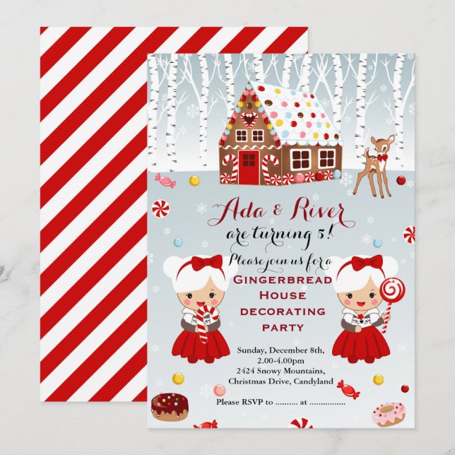 Invitation Maison en pain d'épices Anniversaire Fête jumeaux  (Devant / Derrière)