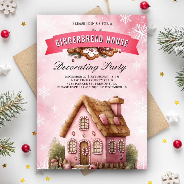 Invitation Maison en pain d'épices rose Décoration fête Noël (Créateur téléchargé)