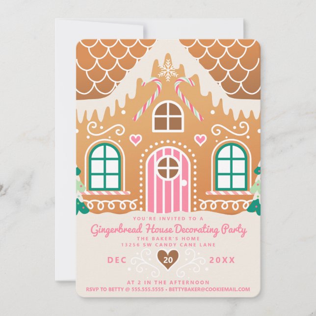 Invitation Maison en pain d'épices rose fête de décoration (Devant)