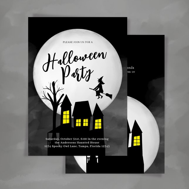 Invitation Maison Hantée éffrayante Halloween Party Personnal (Halloween party Invitation with spooky haunted house and flying witch.)