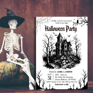 Invitation Maison hantée Halloween Party Noir Blanc Gothique