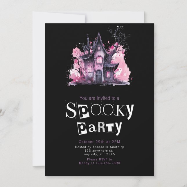 Invitation Maison hantée rose et gris Fête d'Halloween (Devant)