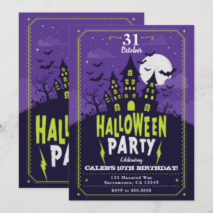Invitation Maison hantée violette et verte Soirée Halloween
