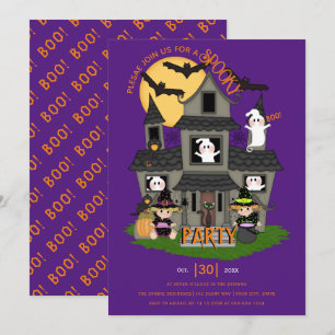 Invitation Maison mignonne hantée violet fête d'Halloween