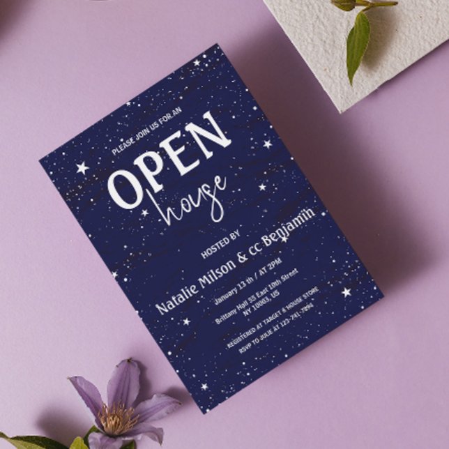 Invitation Maison moderne ouverte étoiles bleues marine Penda (Modern Open House Navy Blue Stars Housewarming Invitation chic elegant sky stars holiday blue white )