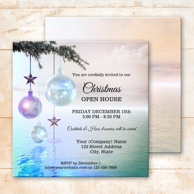 Invitation Maison ouverte de la fête de Noël enchantée (Modern Christmas Holiday party invitation featuring festive sparkling Christmas baubles on an ocean)
