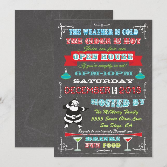 Invitation Maison Ouverte de Noël au Tableau Noir Super Fun (Devant / Derrière)