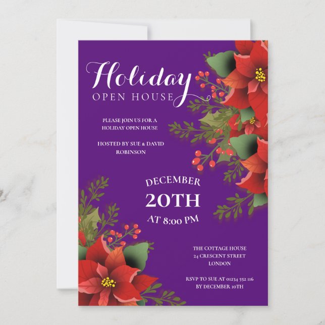 Invitation Maison ouverte de Noël Poinsettia pourpre (Devant)