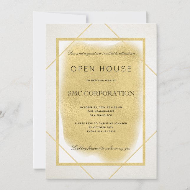 Invitation Maison ouverte d'entreprise en or blanc encadrée (Devant)