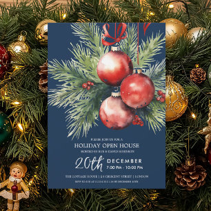 Invitation Maison ouverte pour les Fêtes Baubles Peints Bleu