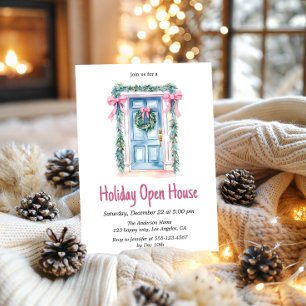 Invitation Maison ouverte pour les fêtes de Noël porte bleue 