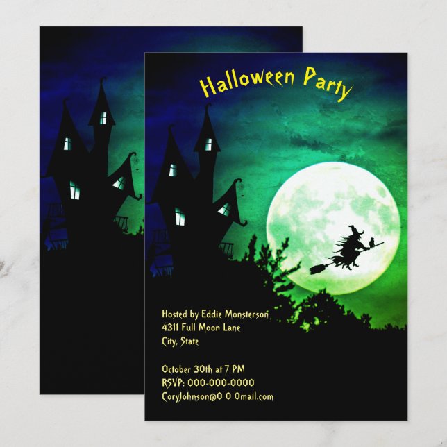 Invitation Maison, Pleine lune, Sorcière, Green Sky Halloween (Devant / Derrière)