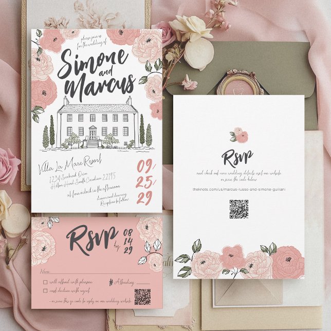 Invitation Maison unique dessinée Villa Dusty Rose Floral Mar (Whimsical pink sage green floral unique hand drawn handwritten illustrated villa wedding invitation)