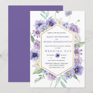 Invitation Maisonnettes violettes, Anémones, Mariage Floral R