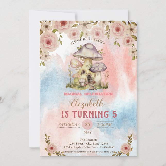 Invitation Maisons de champignons Aquarelle Fleurs de l'Anniv (Devant)