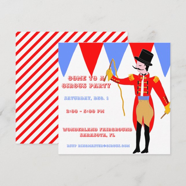 Invitation Maître de piste de cirque Tente rouge rayée Fête (Devant / Derrière)