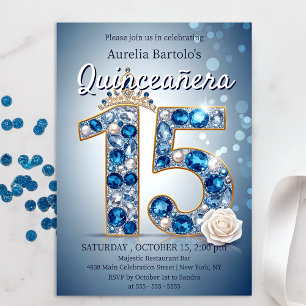 Invitation Majestic Blue et Silver Diamond Tiara Quinceanera
