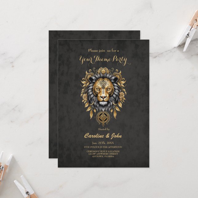 Invitation Majestic tête de lion doré avec crinière noire. (Devant/Arrière en situation)