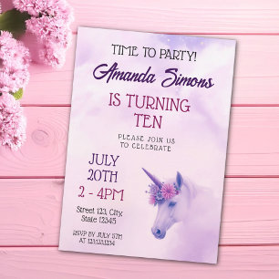 Invitation Majestueux Licorne Rose Florale Anniversaire 10 An