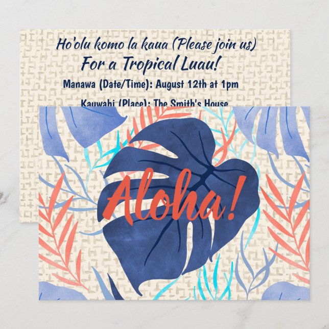 Invitation Maleah Monstera Tropical Hawaiian Watercolor- Blue (Devant / Derrière)