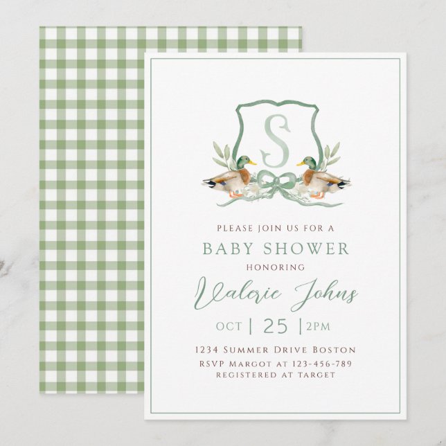 Invitation Mallard Duck Crest Monogram Baby shower  (Devant / Derrière)
