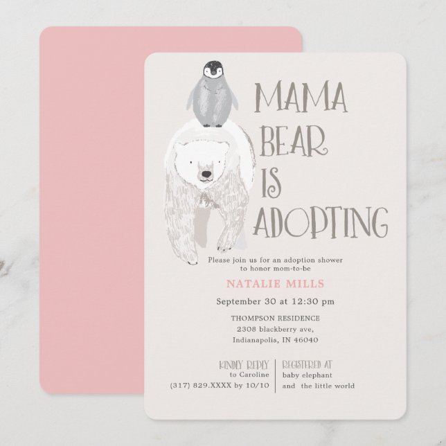 Invitation Mama Bear Adoption Baby shower rose fille (Devant / Derrière)