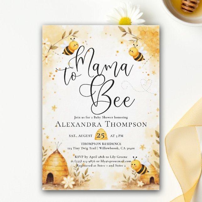 Invitation Mama Bee Summer Hive Bumblebee Script Baby Shower (mama to bee baby shower theme invitation spring summer little honey watercolor elegant bumblebee)