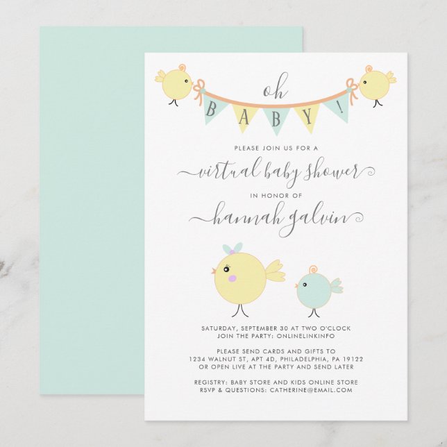 Invitation Mama Bird Little Chick Baby shower virtuel (Devant / Derrière)