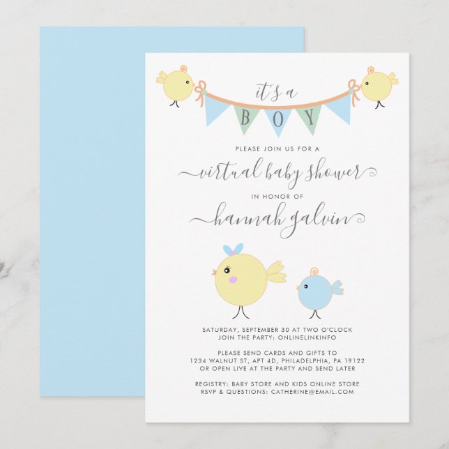 Invitation Mama Bird Little Chick Virtual Baby Boy Douche (Devant / Derrière)