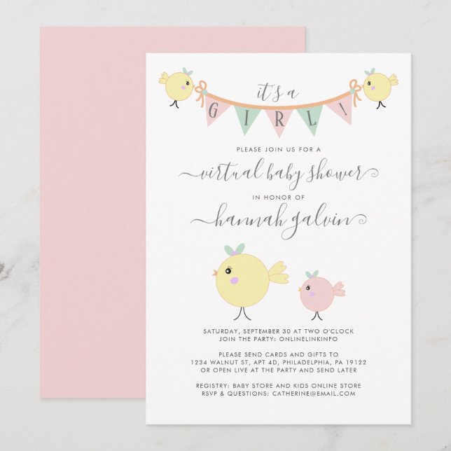 Invitation Mama Bird Little Chick Virtual Baby Girl Douche (Devant / Derrière)