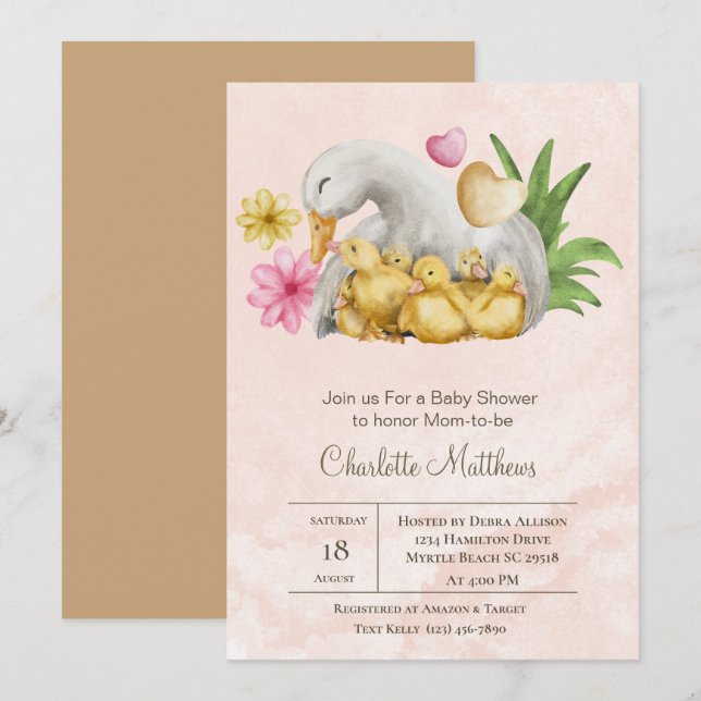 Invitation Mama et bébé canard Baby shower d'animaux aquatiqu (Devant / Derrière)