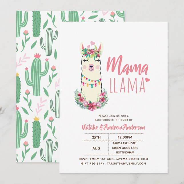 Invitation Mama Llama Baby shower Fiesta Cactus Cute Girls (Devant / Derrière)