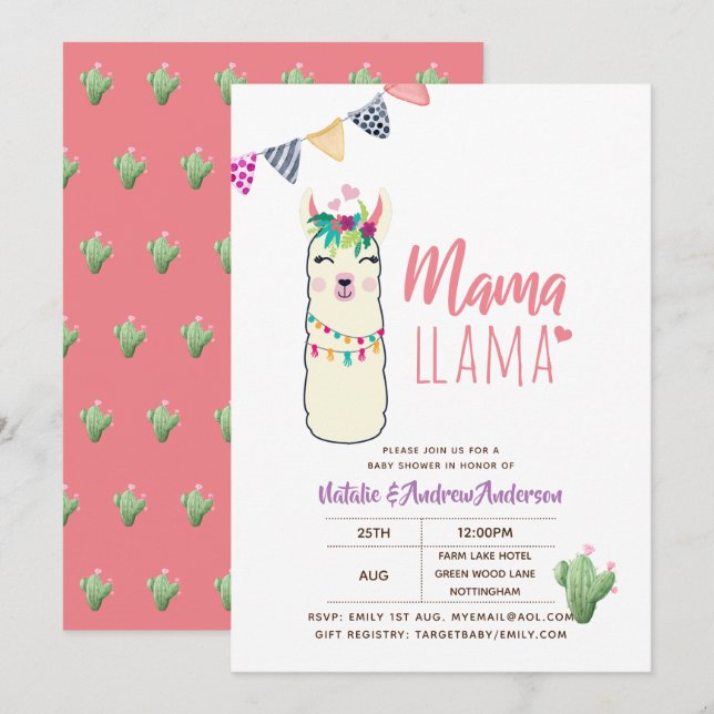 Invitation Mama Llama Baby shower Fiesta Cactus Cute Girls (Devant / Derrière)