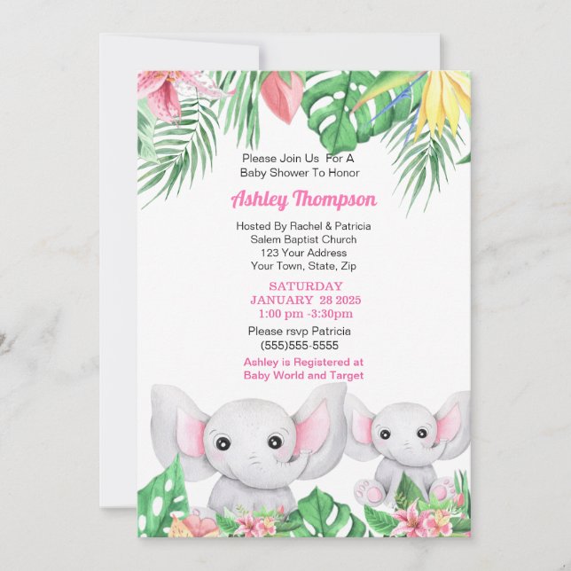 Invitation Mama mignonne et bébé Eléphant Baby shower tropica (Devant)