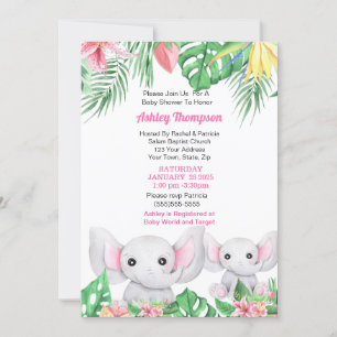 Invitation Mama mignonne et bébé Eléphant Baby shower tropica