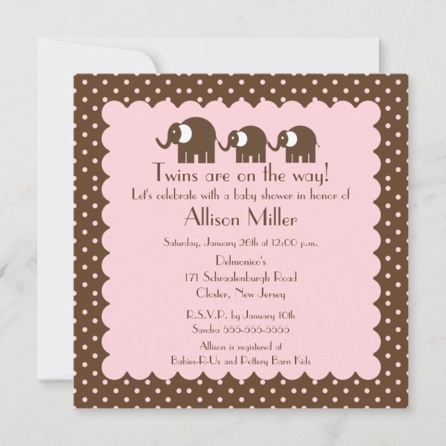 Invitation Mama & Twin Girls Baby Elephant Baby shower (Devant)