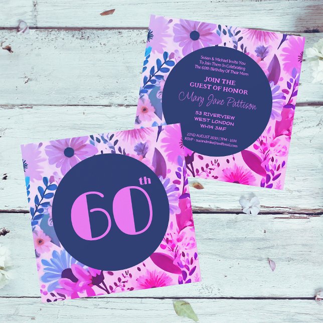 Invitation Maman 60e anniversaire rose, bleu et violet Floral (Front And Back)